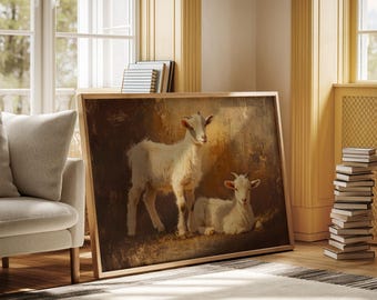 Puede incluir: Una pintura enmarcada de dos cabras blancas en un entorno rústico. Las cabras están de pie y tumbadas, con un fondo texturizado de tonos marrones y dorados.