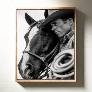 Cowboy and Horse Close-Up | Western Black and White Wall Art