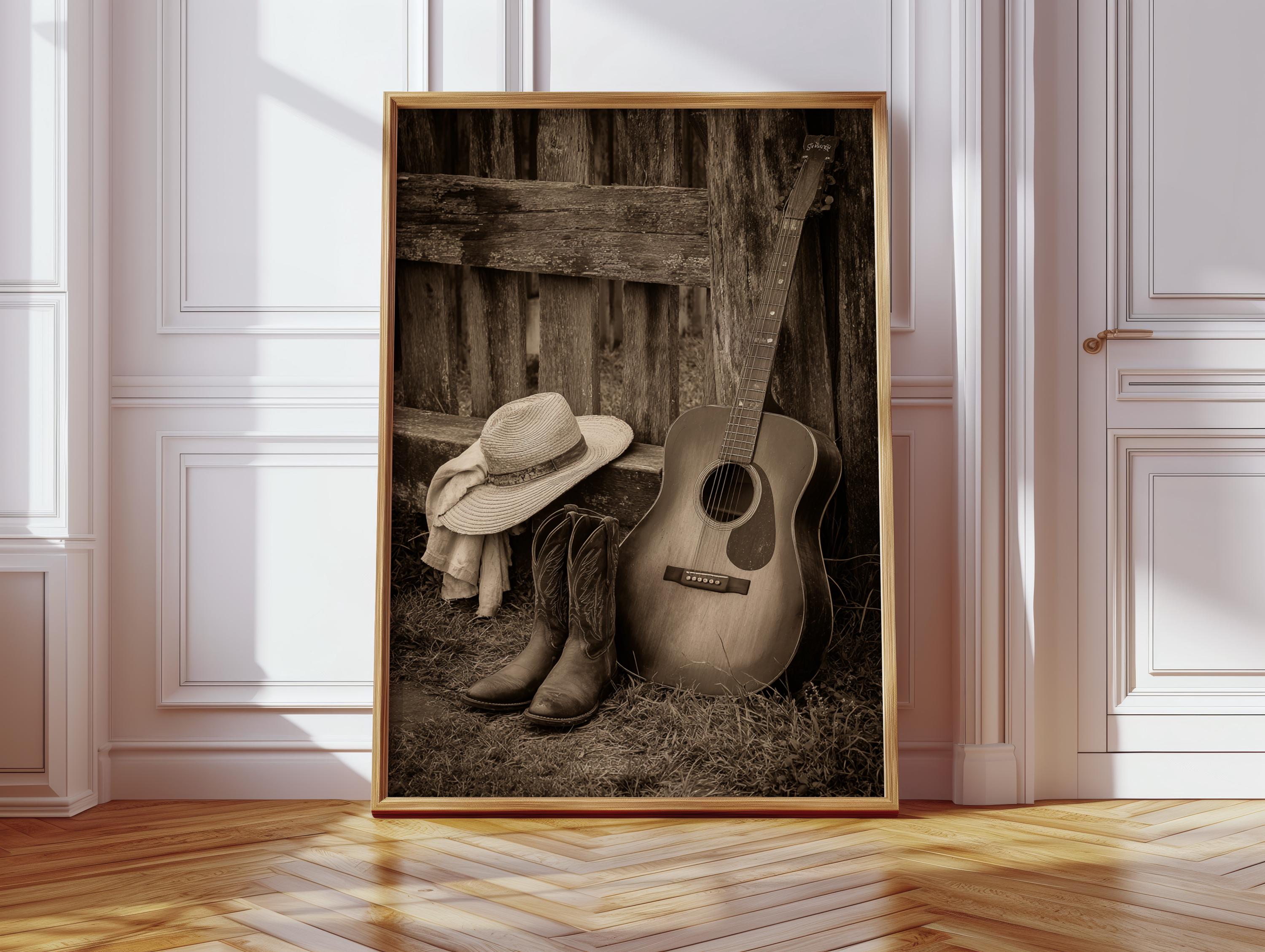 Sepia Cowboy Canvas Wall Art, Western Country Music Guitar Print