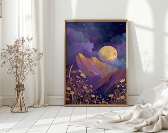 May include: A framed art print depicts a nighttime landscape with a large, golden moon and purple mountains. The artwork features a starry sky and golden flowers in the foreground. The frame is a light brown color.