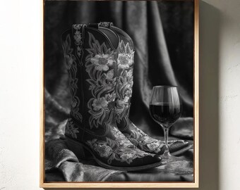 Floral Cowboy Boots Still Life | Western Black and White Wall Art