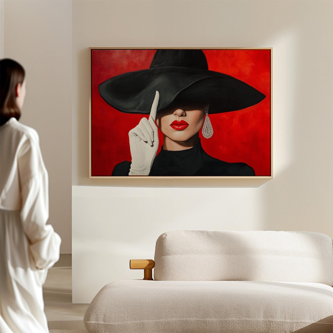 Elegant Fashion Wall Art – Red and Black Glam Portrait With Black Hat ...