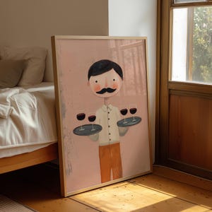 May include: A framed illustration of a waiter holding two trays, each with three wine glasses filled with red wine. The waiter has a black mustache, hair, and is wearing a white shirt and orange pants. The background is a muted pink.
