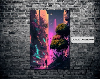 Cyberpunk Digital Download Print, Futuristic Street With Purple Cyan Neon Lights Art, Gaming Room, Sci Fi Decor, Digital Wall Print