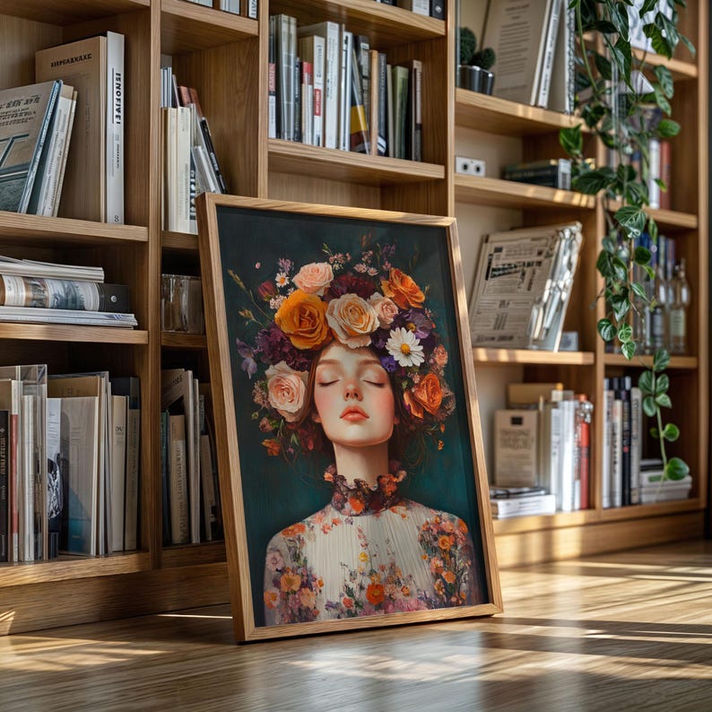 Floral Crown Portrait Canvas Wall Art | Vintage Oil Painting of Woman ...