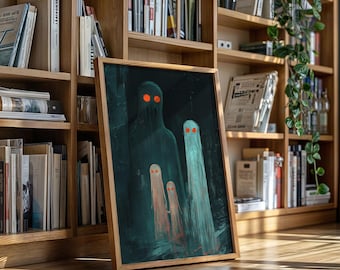 Könnte beinhalten: Ein gerahmter Kunstdruck mit einer dunklen, unheimlichen Illustration von Geisterfiguren mit leuchtend orangefarbenen Augen. Das Kunstwerk ist vor einem tiefen teal-farbenen Hintergrund platziert und erzeugt eine eindringliche Atmosphäre. Der Holzrahmen verleiht eine warme Note.