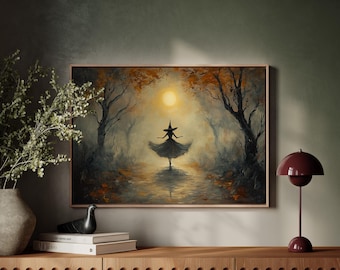 Vintage Halloween Witch Canvas Wall Art, Spooky Autumn Forest Painting, Full Moon Witch Silhouette Framed Canvas Home Decor