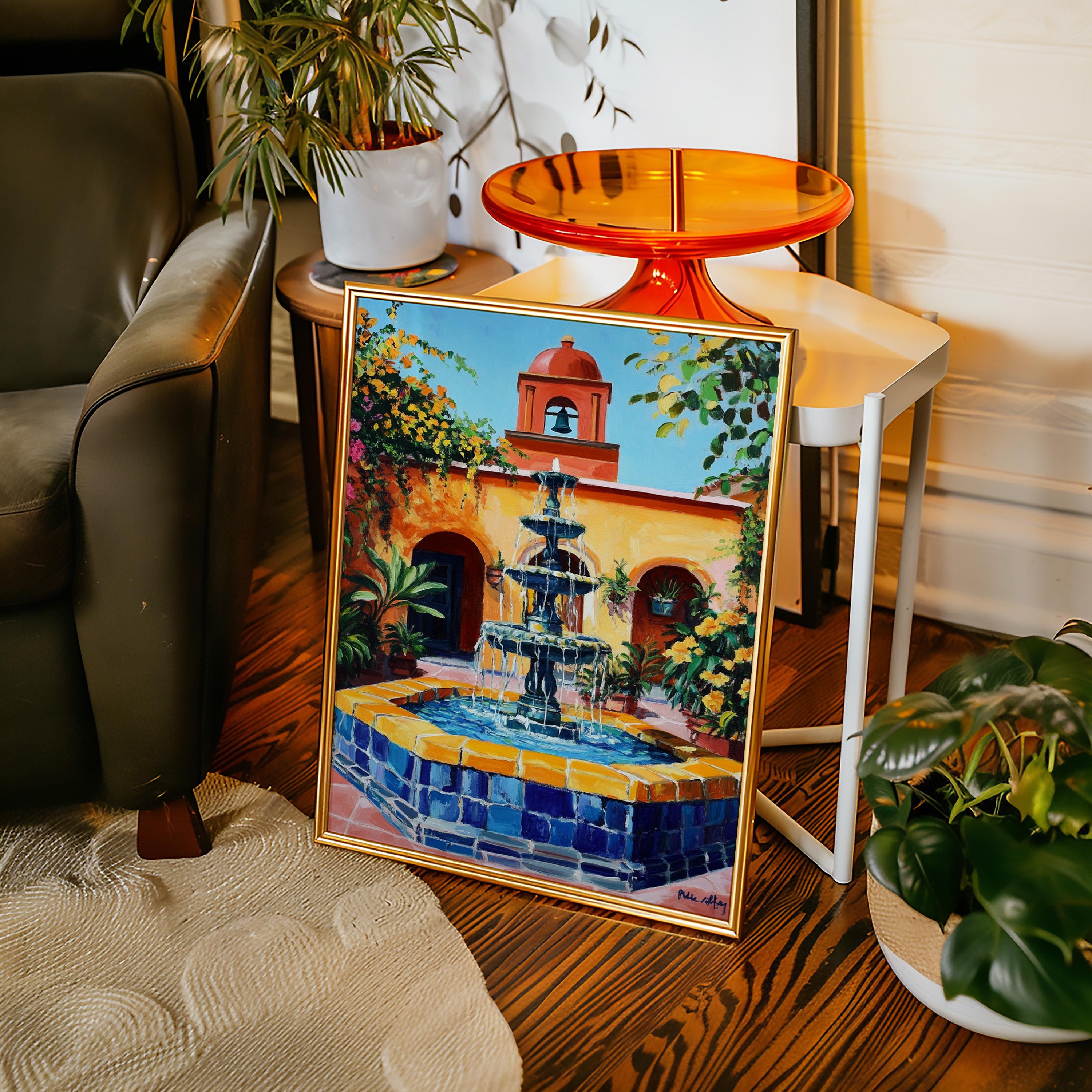 Spanish Courtyard Fountain Canvas Wall Art – Colorful Mission