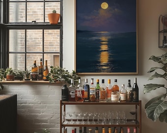 Full Moon Over Ocean at Night, Golden Moonlit Reflection Seascape Canvas Art, Coastal Nautical Wall Decor for Calm Modern Homes