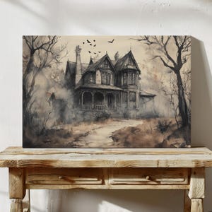Vintage Haunted Victorian Mansion Art Print – Gothic Spooky House Illustration, Halloween Wall Decor, Creepy Haunted Home Canvas