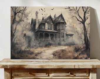 ヴィンテージの幽霊屋敷アートプリント - ゴシック調の不気味な家のイラスト、ハロウィンの壁飾り、不気味な幽霊屋敷のキャンバス