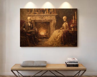 Skelettpärchen am Kamin | Gothic romantische Halloween Kunst