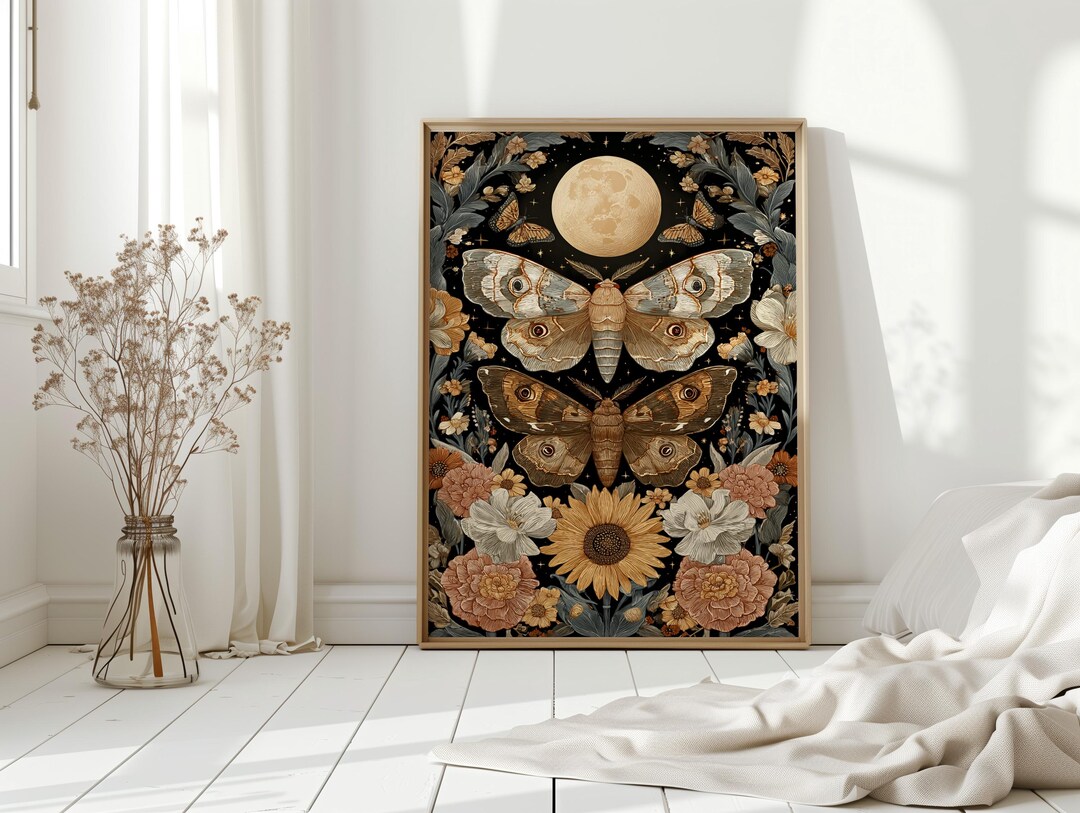 Moth and Moon Canvas Wall Art With Sunflowers and Night Sky, Mystical ...