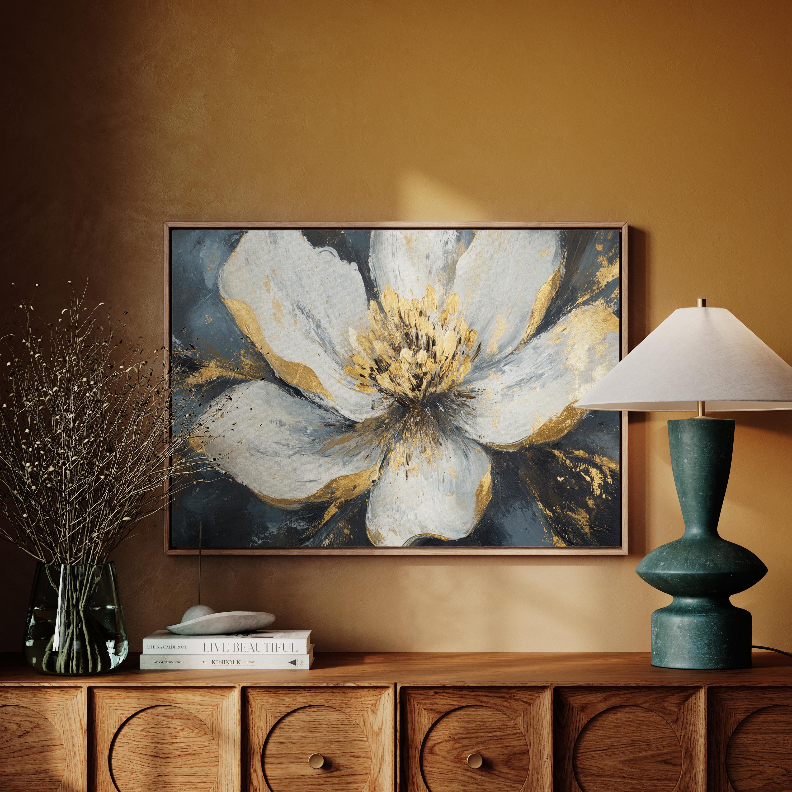 Abstract White and Gold Flower Canvas Art - Textured Floral Painting on ...