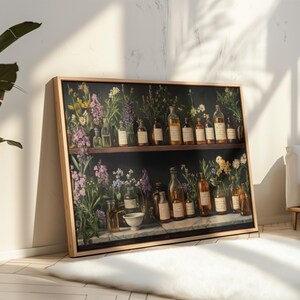 May include: A framed painting depicting a wooden shelf with a selection of glass bottles filled with liquids and topped with flowers. The shelf is set against a dark green backdrop.