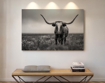 Texas Longhorn Portrait Wall Art | Black and White Western Photography for Rustic Ranch Decor