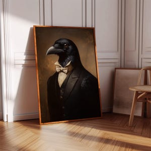 Dapper Raven in Classic Suit with Bow Tie | Anthropomorphic Bird Portrait | Gothic Vintage Crow Wall Art for Quirky Home Decor