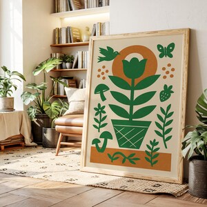 Art mural pot de fleur d'art populaire - Poster de jardin fantaisiste avec oiseaux, champignons et feuilles dans des tons rétro vert et orange
