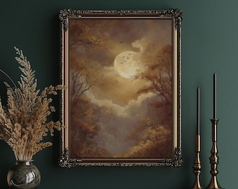 Lienzo con luna y bosque otoñal, luna llena brillante entre árboles, cálida escena nocturna de bosque otoñal, decoración de pared con naturaleza mística