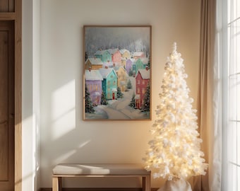 Pastel Winter Village Canvas Wall Art, Colorful Snowy Houses Christmas Scene, Holiday Home Décor Print for Cozy Seasonal Decoration