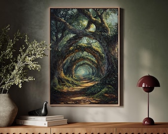 Enchanted Forest Path Canvas Art - Mystical Arching Trees, Fantasy Woodland Landscape, Nature-Inspired Wall Decor, Serene Forest Scene