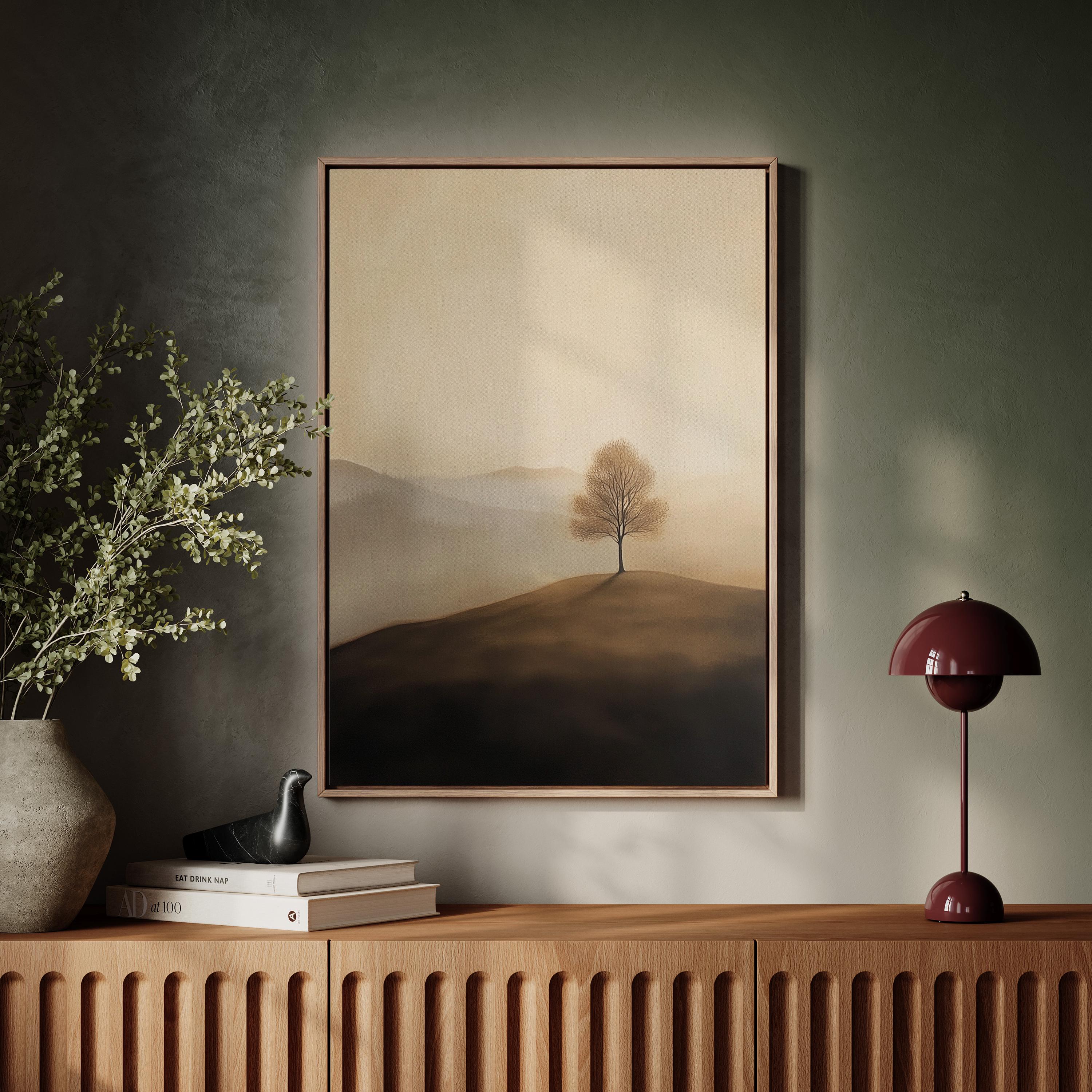 Lone Tree Canvas Wall Art | Neutral Sepia Landscape with Soft Mountains | Minimalist Nature Decor for Boho or Modern Home Aesthetic