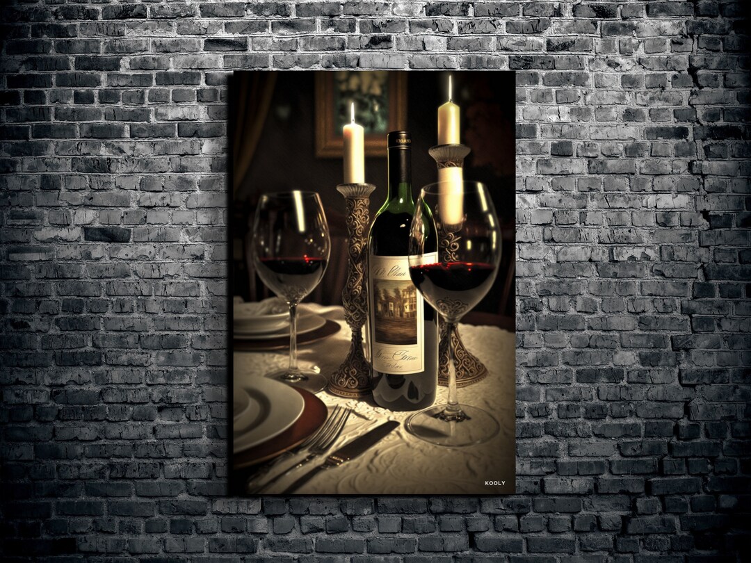Bottle With Wine Glasses Wall Art, Wine Bottle on Dinner Table Large