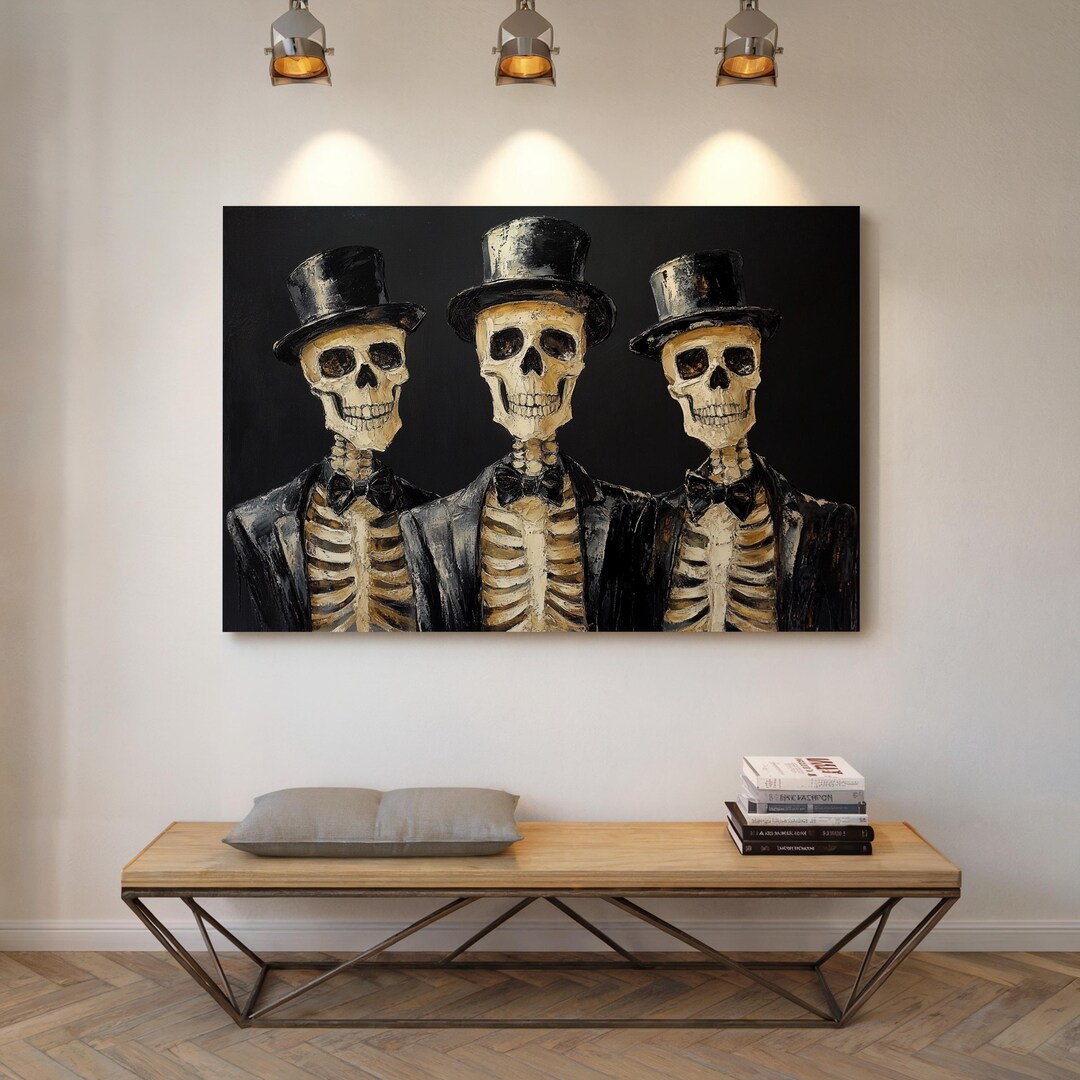 Three Skeletons in Top Hats Canvas Wall Art – Gothic Halloween