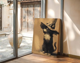 Zwarte kat met heksenhoed | Vintage Halloween-illustratie op kraftpapier-achtergrond