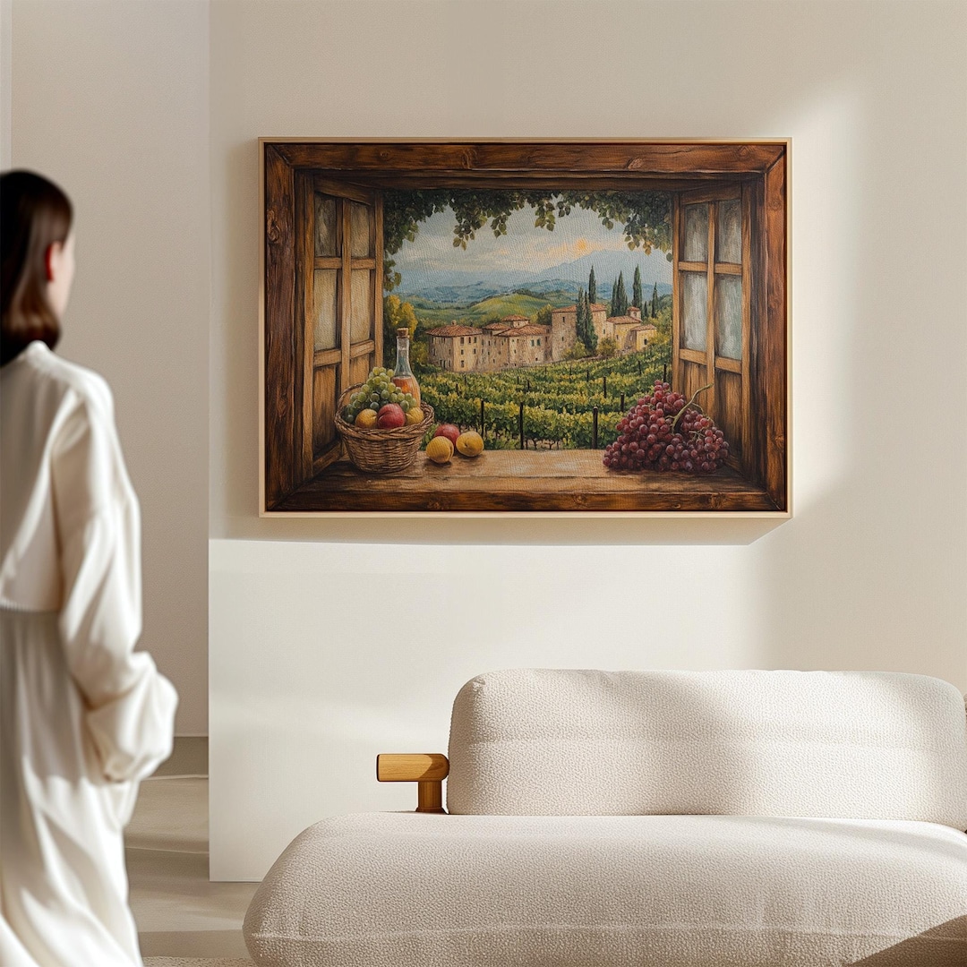 Tuscan Window View Summer Tuscany Vineyard Window View Art - Rustic Italian Countryside ...