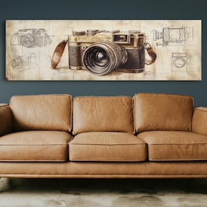 Vintage Camera Art Canvas - Antique Leather Camera with Technical Sketches - Retro Photography Wall Art for Home, Studio, or Gift