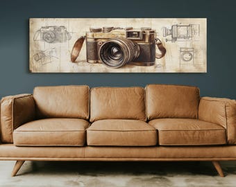 Vintage Kamera Kunst Leinwand - Antike Leder Kamera mit Technischen Skizzen - Retro Fotografie Wandkunst für Zuhause, Studio oder Geschenk