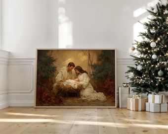 Holy Family Nativity Canvas Wall Art | Mary, Joseph, and Baby Jesus in Manger | Christian Christmas Religious Painting Home Décor