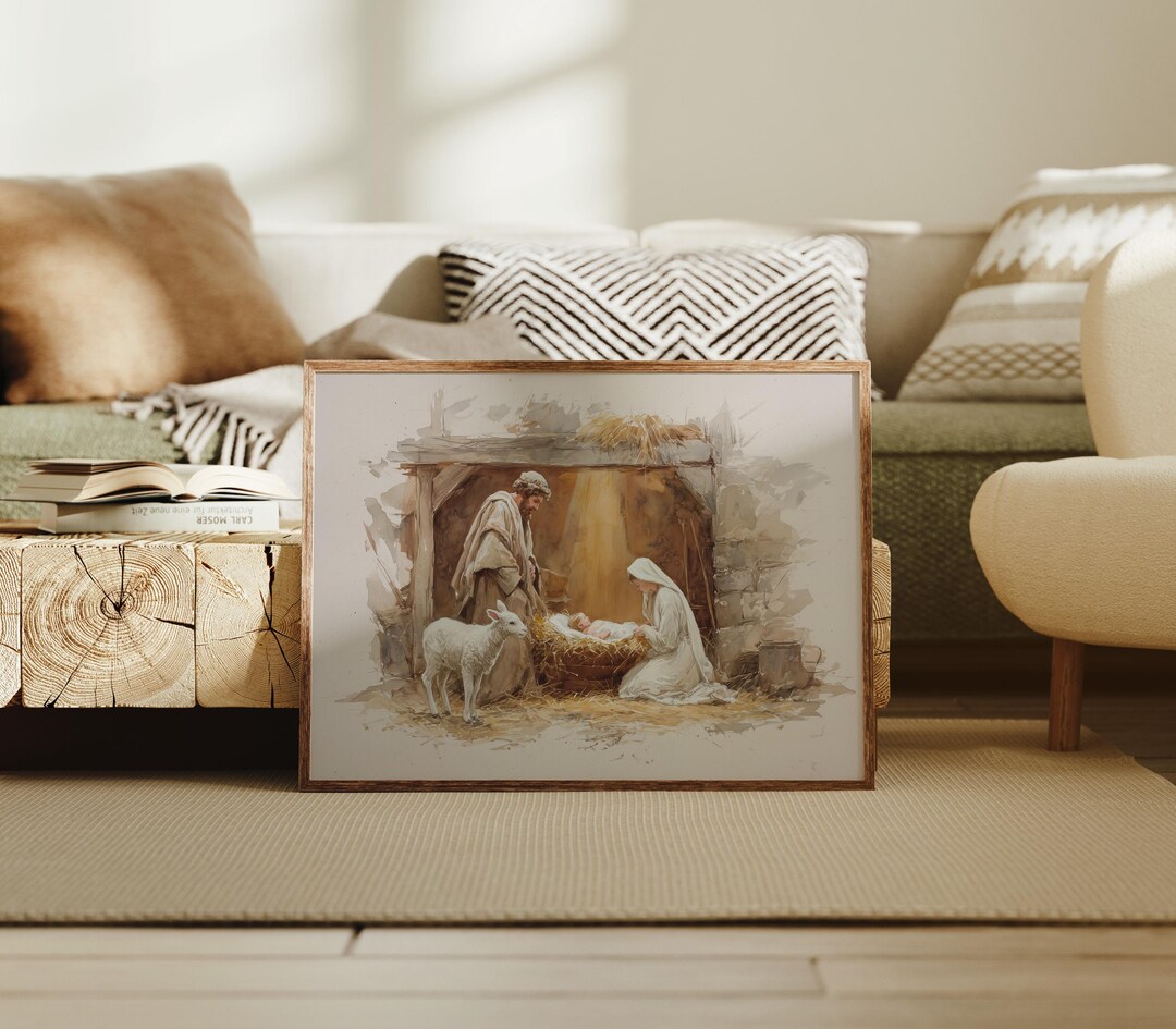 Nativity Scene Canvas Wall Art, Holy Family With Baby Jesus in Manger ...