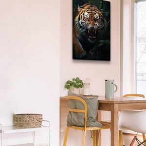 May include: A close-up of a tiger with its mouth open, showing its teeth. The tiger is in a dark green forest setting.