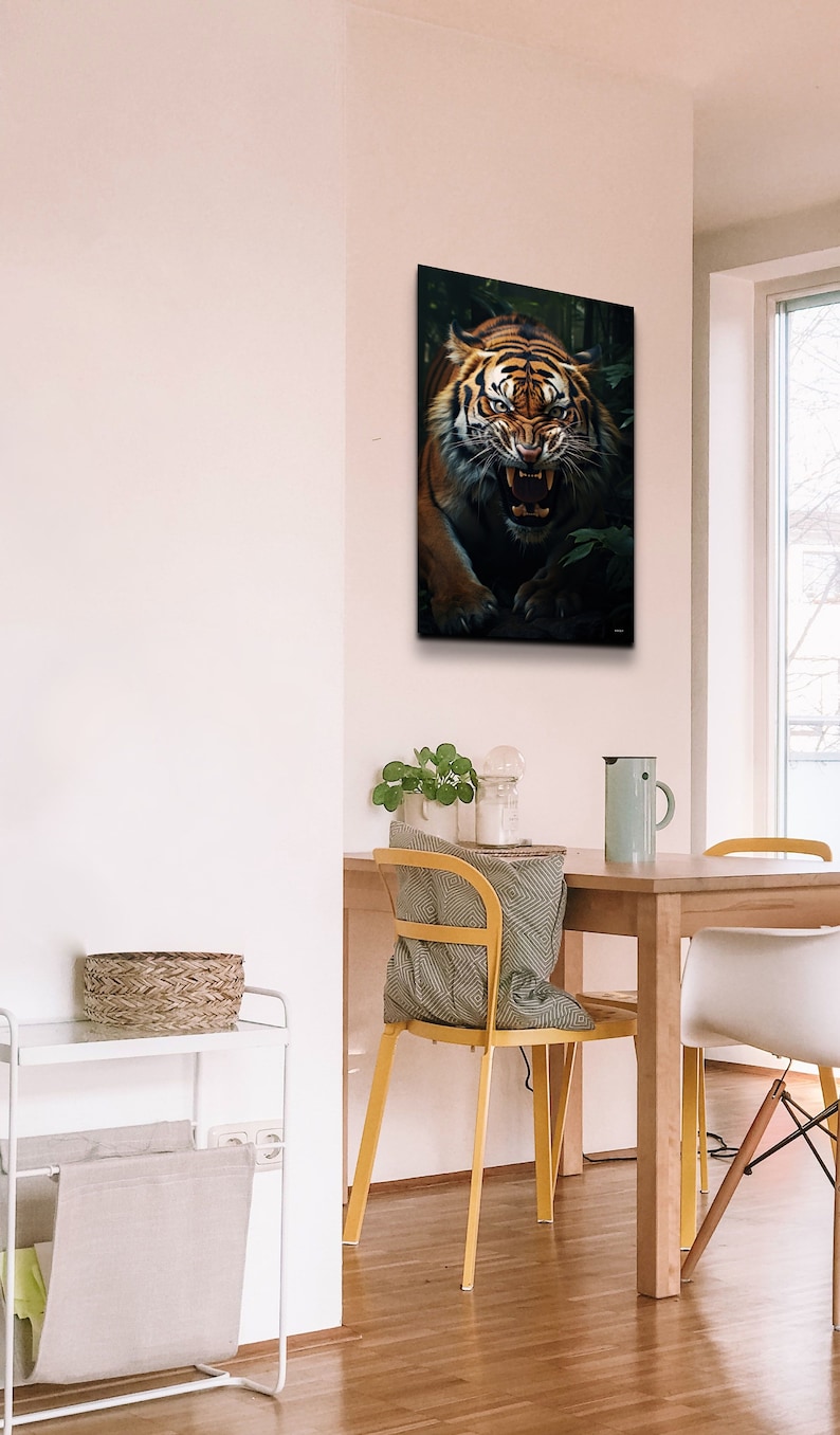 May include: A close-up of a tiger with its mouth open, showing its teeth. The tiger is in a dark green forest setting.