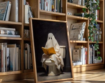 Ghost Reading on Toilet | Humorous Halloween Bathroom Art