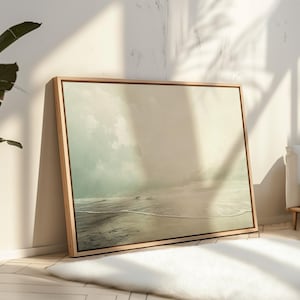 Minimalist Coastal Canvas Art, Tranquil Beach Print, Neutral Seascape Painting, Ocean Horizon Wall Decor, Serene Coastal Landscape