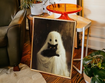 Halloween Ghost Cat Canvas Wall Art, Black Cat Holding Ghost Painting, Spooky Cute Vintage Poster for Gothic Cottagecore Decor