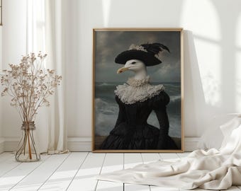 May include: Framed artwork featuring a seagull with a human-like appearance, wearing a black hat with feathers and a ruffled collar. The seagull is dressed in a black gown, set against a stormy sea backdrop. The artwork is in a gold frame.