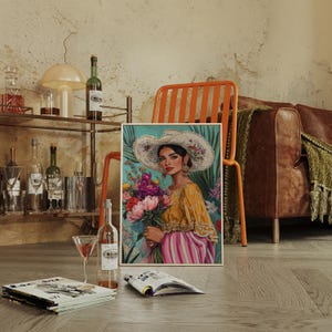 Floral Mexican Woman Canvas Wall Art – Colorful Latin Heritage Portrait in Vintage Oil Painting Style with Flowers and Embroidered Hat image 3