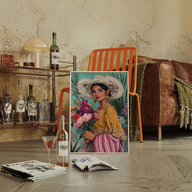 Floral Mexican Woman Canvas Wall Art – Colorful Latin Heritage Portrait in Vintage Oil Painting Style with Flowers and Embroidered Hat image 3