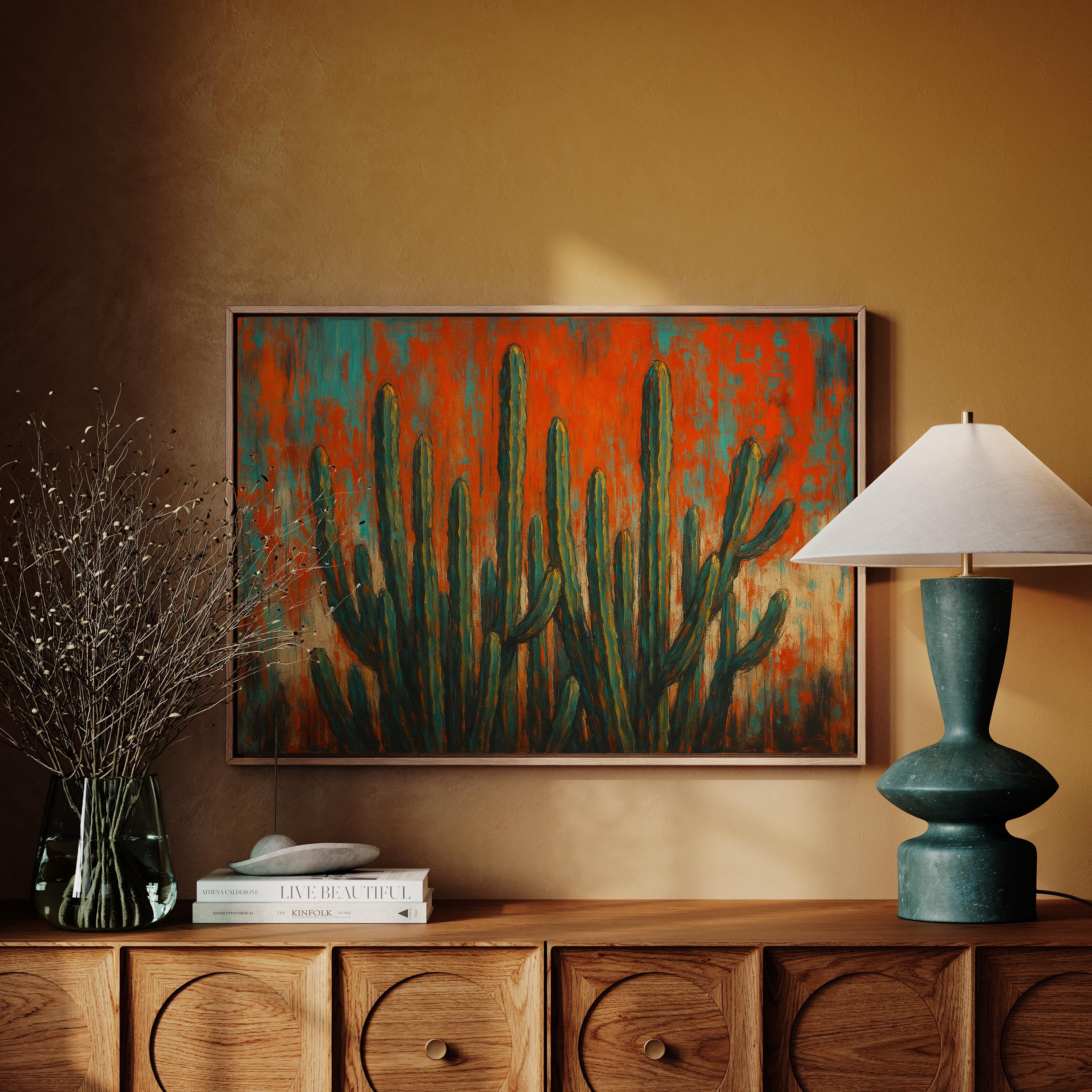 Panoramic Cactus Canvas Wall Art – Teal and Burnt Orange Desert Print for Bold Western or Boho Home Décor