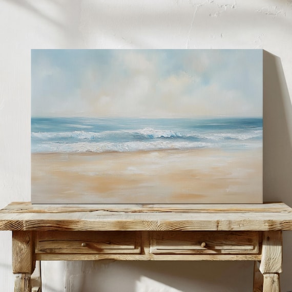 Serene Coastal Canvas Art - Tranquil Beach Scene with Soft Waves and Sky in Minimalist Pastel Tones for Coastal Home Decor