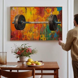 Barbell Gym Art Canvas, Fitness Motivation Poster, Colorful Weightlifting Painting, Strength Training Wall Decor, Bold Workout Art