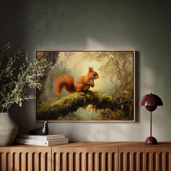 Enchanting Red Squirrel Canvas Wall Art, Woodland Animal Painting, Rustic Nature Decor for Cozy Home Spaces
