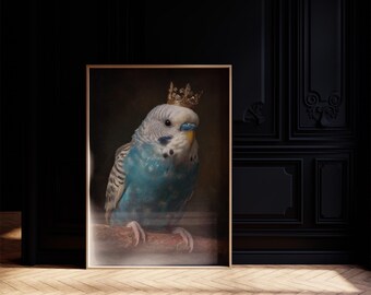 堂々としたセキセイインコのポートレートキャンバスアート、金色の王冠