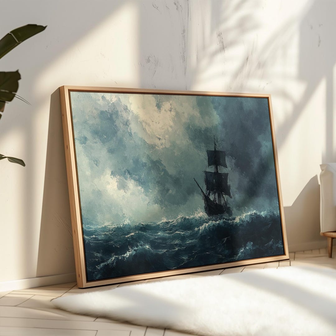 Haunted Ship Canvas Art, Dark Ocean Painting, Vintage Nautical Decor