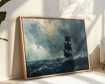May include: A framed painting of a ship sailing on a stormy sea. The ship is silhouetted against a dark sky with dramatic clouds. The sea is a deep blue with whitecaps.