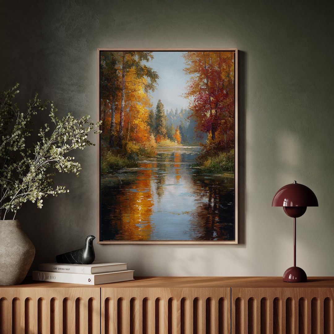 Autumn River Landscape Canvas Wall Art, Golden Trees Reflection ...